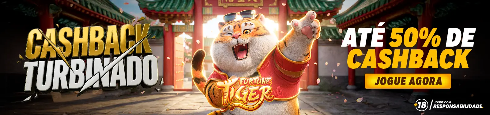 Banner 'Cashback turbinado' do Fortune Tiger: até 50% de cashback
