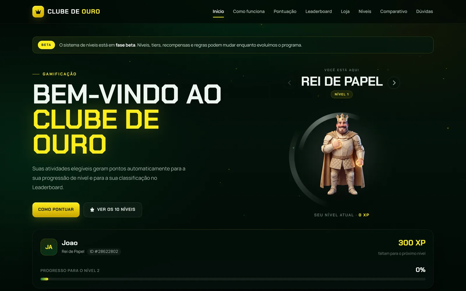 Página inicial do Clube de Ouro: boas-vindas, nível atual e progresso do jogador
