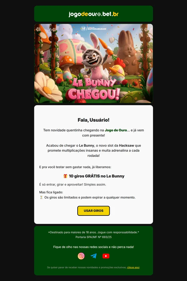 Prévia do email 'Le Bunny chegou!' com 10 giros grátis