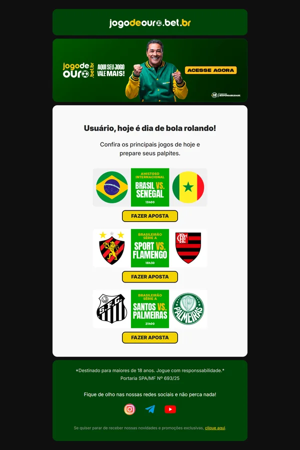 Prévia do email 'Hoje é dia de bola rolando' com os jogos do dia