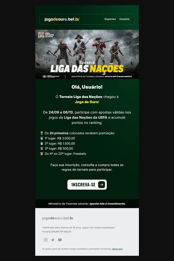 Prévia do email do Torneio Liga das Nações, com a premiação do ranking
