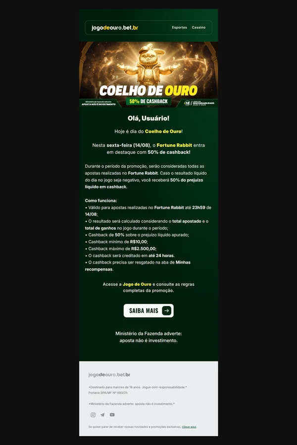 Prévia do email 'Coelho de Ouro' com 50% de cashback no Fortune Rabbit