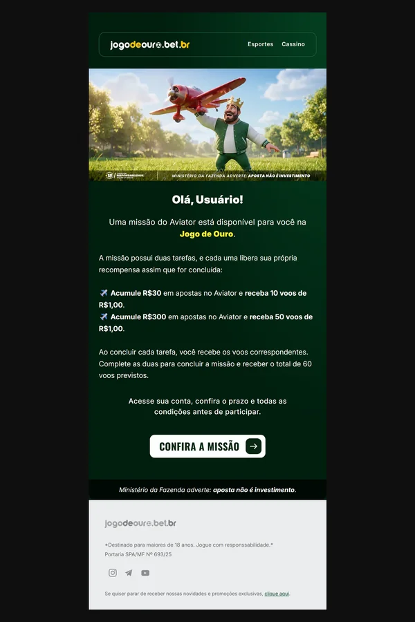 Prévia do email da missão Aviator com duas tarefas e recompensas em voos