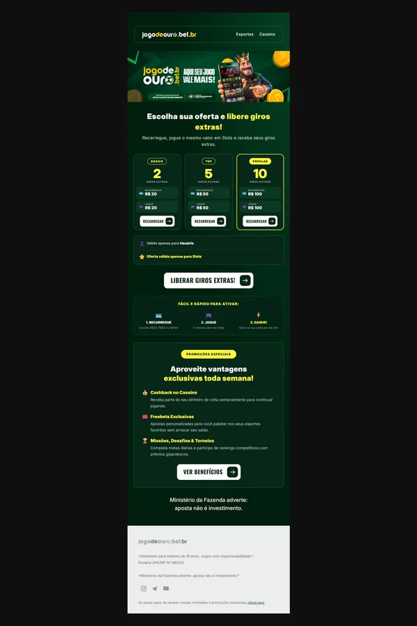 Prévia do email de giros extras com três ofertas de recarga