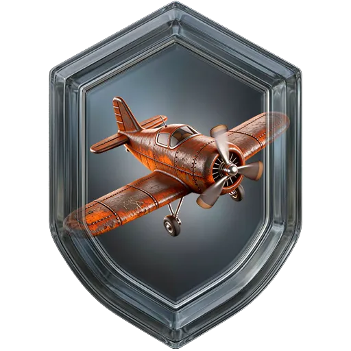 Emblema da missão Aviator, nível 1: avião enferrujado em escudo de vidro cinza