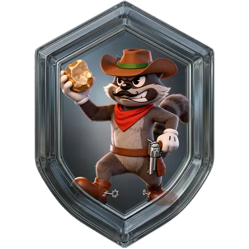 Emblema da missão Hacksaw, nível 1: guaxinim caubói segurando uma pepita de ouro