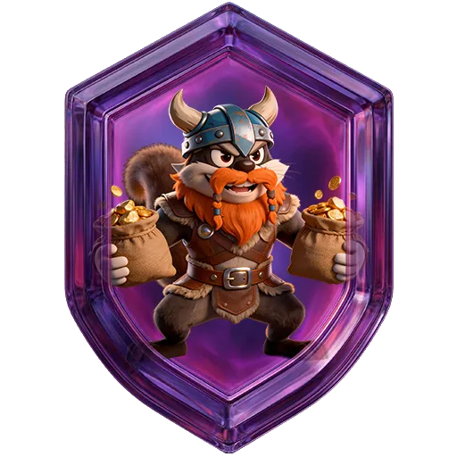 Emblema da missão Hacksaw, nível 4: guaxinim viking carregando sacos de moedas
