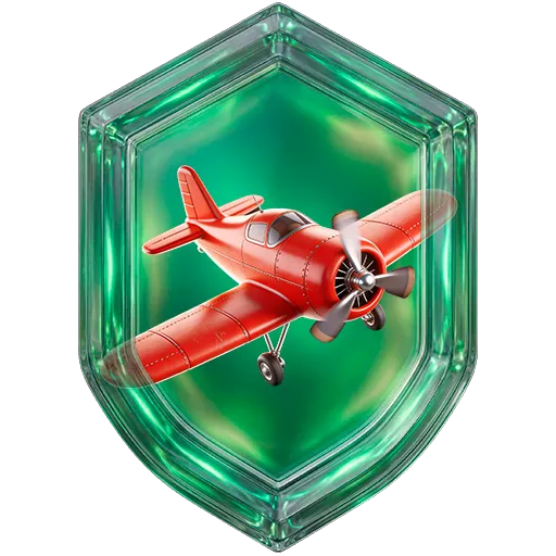 Emblema da missão Aviator, nível 2: avião vermelho em escudo de vidro verde