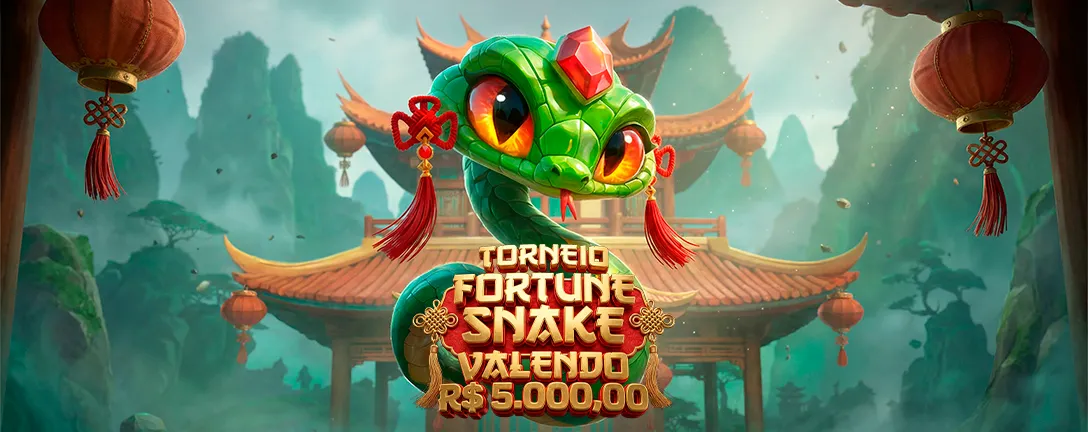 Banner do Torneio Fortune Snake valendo R$ 5.000,00, com a cobra em frente a um templo