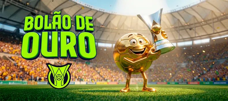 Banner do Bolão de Ouro com a mascote bola dourada segurando a taça do Brasileirão