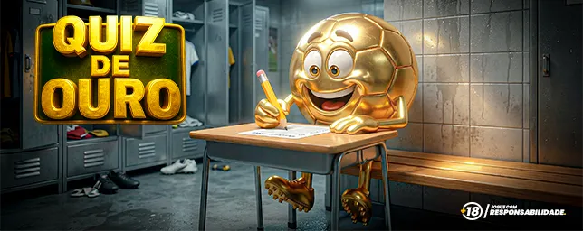 Banner do Quiz de Ouro com a mascote bola dourada respondendo a prova no vestiário