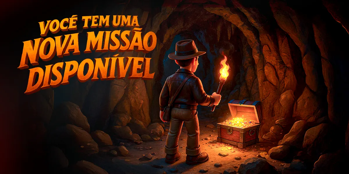 Banner 'Você tem uma nova missão disponível' com explorador encontrando um baú de tesouro