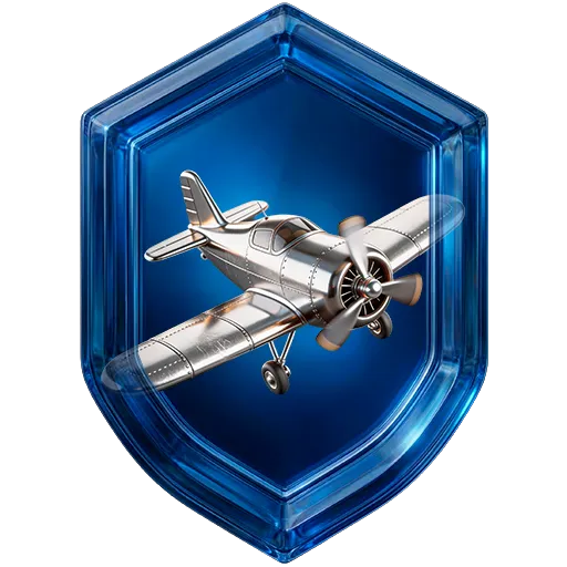 Emblema da missão Aviator, nível 3: avião prateado em escudo de vidro azul