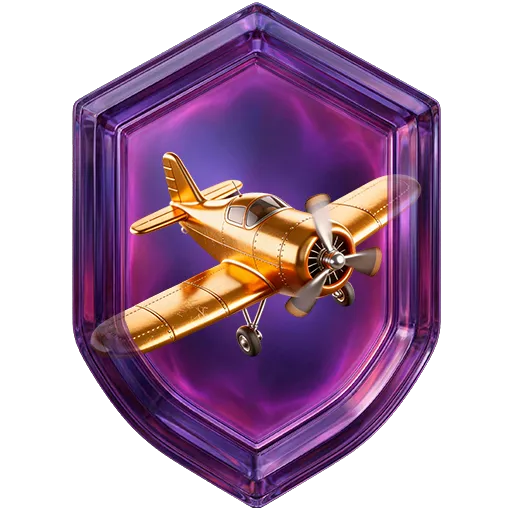 Emblema da missão Aviator, nível 4: avião dourado em escudo de vidro roxo