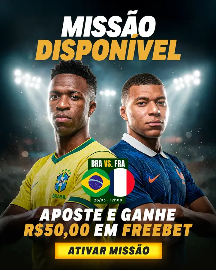 Pop-up de missão para Brasil x França: aposte e ganhe R$ 50 em freebet