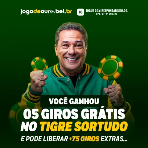 Anúncio quadrado 'Você ganhou 05 giros grátis no Tigre Sortudo' com garoto-propaganda de jaqueta verde
