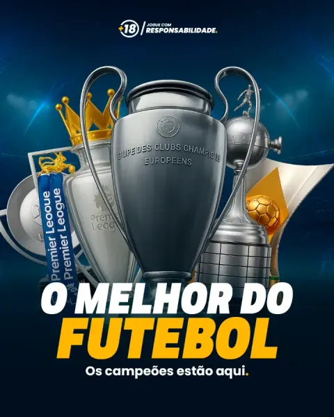 Anúncio vertical 'O melhor do futebol' com taças de campeonatos europeus