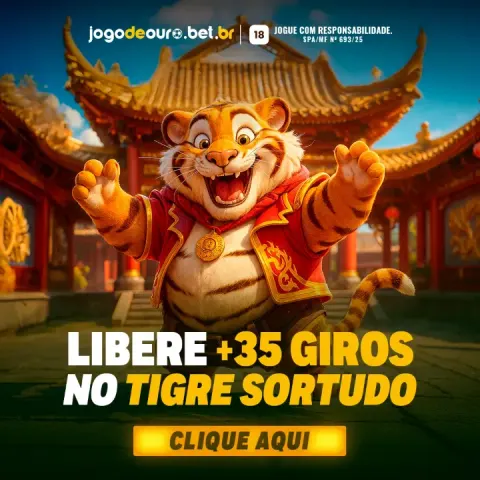 Anúncio quadrado 'Libere +35 giros no Tigre Sortudo' com o tigre em frente a um templo