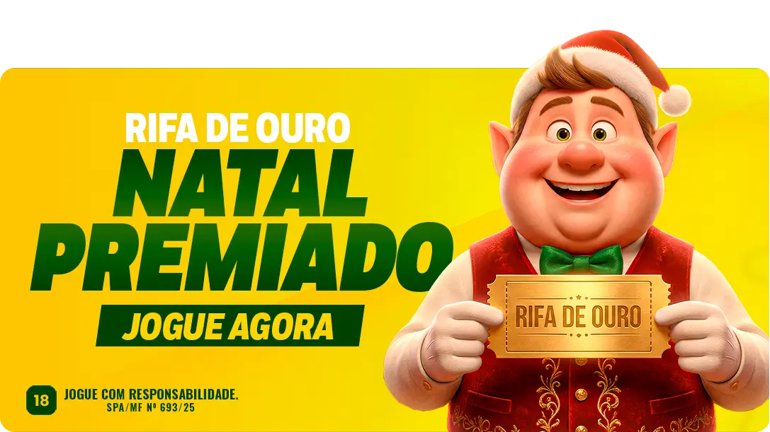 Widget 'Rifa de Ouro: Natal premiado' com duende segurando o bilhete
