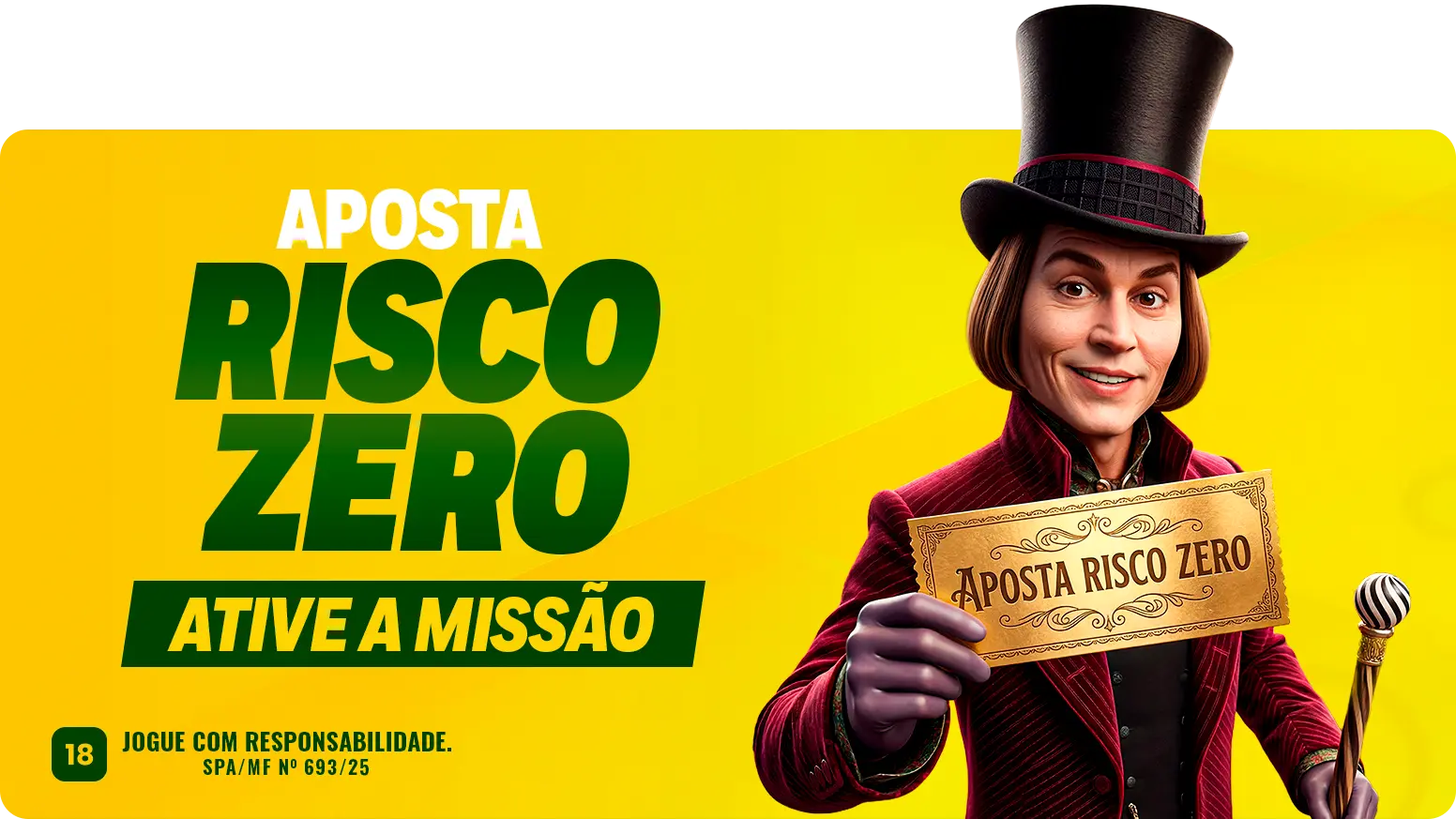Widget 'Aposta risco zero' com personagem de cartola segurando o bilhete